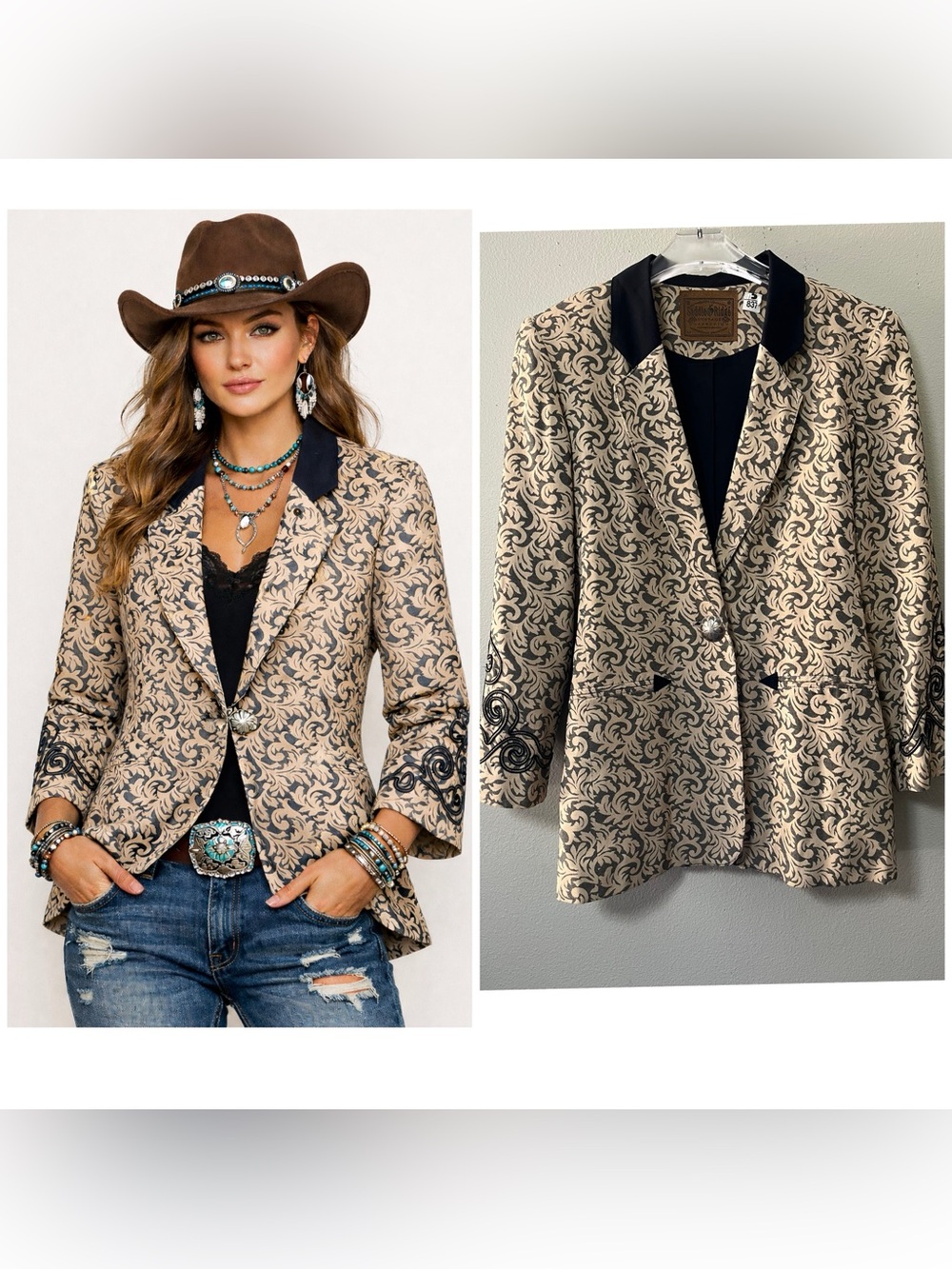 Saddle Ridge button Blazer Sz M/L Western Southwestern Cowgirl Vintage Tan Black